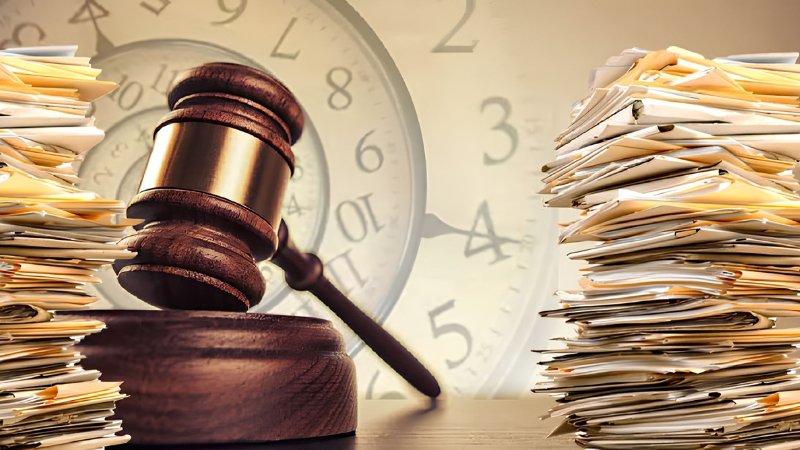 Gavel beside a clock and stacked case files, symbolizing decades-old court case backlogs the new bar leadership has pledged to clear