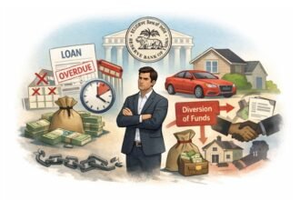 Illustration of a loan defaulter concealing assets — house, car, and overdue loan documents — symbolizing the Bombay High Court's asset disclosure order
