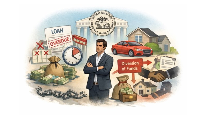 Illustration of a loan defaulter concealing assets — house, car, and overdue loan documents — symbolizing the Bombay High Court's asset disclosure order