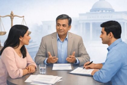Mediator facilitating a family dispute discussion between two parties outside a Family Court building