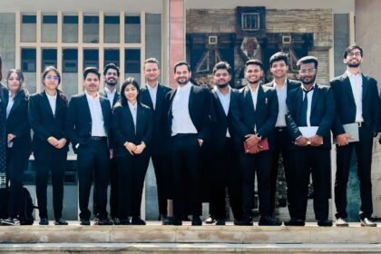Group of young Indian advocates outside a courthouse, representing junior lawyers set to benefit from the Supreme Court's proposed stipend fund