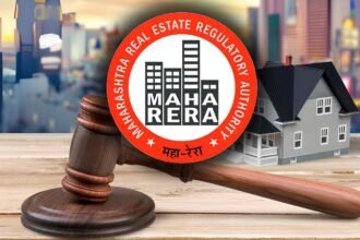 MahaRERA official emblem over a Pune city skyline, representing show-cause notices issued to 2,311 defaulting builders