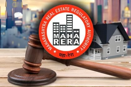 MahaRERA official emblem over a Pune city skyline, representing show-cause notices issued to 2,311 defaulting builders