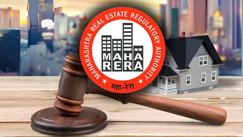 MahaRERA official emblem over a Pune city skyline, representing show-cause notices issued to 2,311 defaulting builders