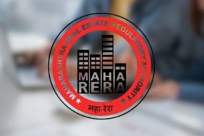 MahaRERA official emblem overlaid on a residential construction site, representing the Pune homebuyer delay-interest ruling