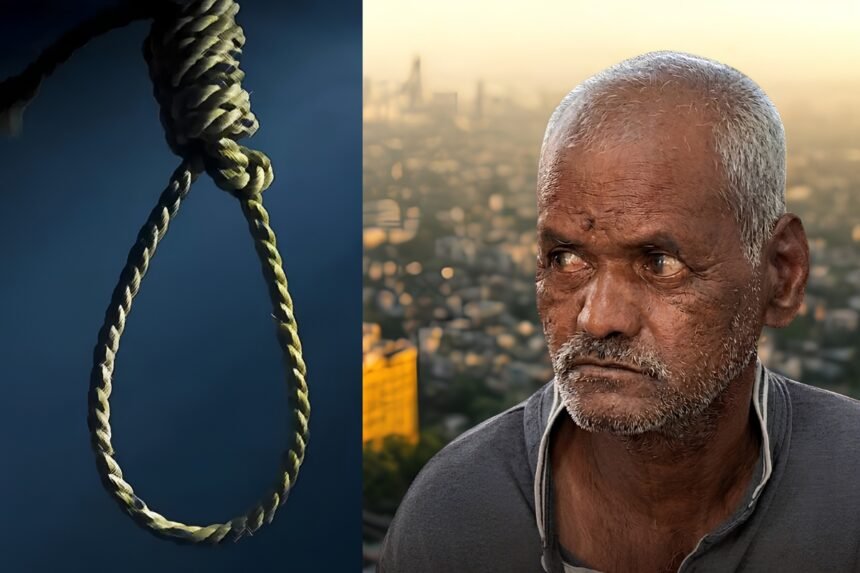 फाशीचा दोर आणि वृद्ध व्यक्तीच्या चेहऱ्याचे अंशतः दृश्य दाखवणारे संकल्पनात्मक चित्र