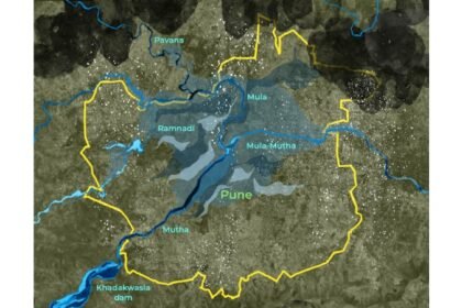 Satellite map of Pune's rivers — Pavana, Mula, Ramnadi, and Mula-Mutha — used by the NGT to identify water body encroachments