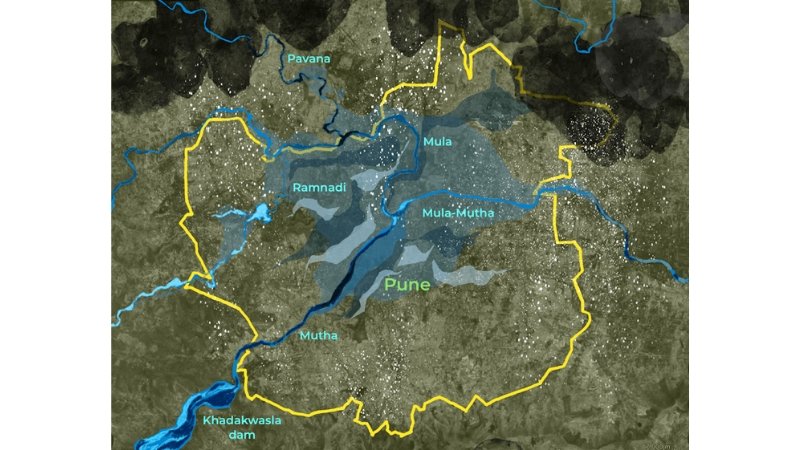 Satellite map of Pune's rivers — Pavana, Mula, Ramnadi, and Mula-Mutha — used by the NGT to identify water body encroachments