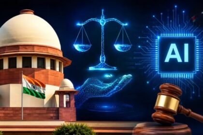 Illustration of the Supreme Court of India building with AI circuitry and scales of justice, symbolizing new draft rules on AI use by lawyers