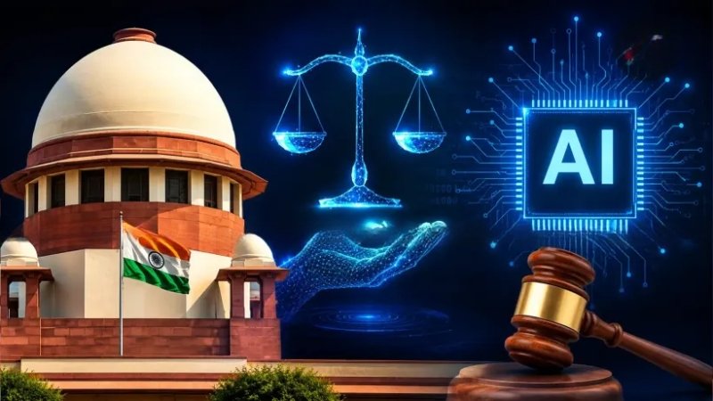 Illustration of the Supreme Court of India building with AI circuitry and scales of justice, symbolizing new draft rules on AI use by lawyers