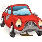 Cartoon illustration of a red car with a sad face, smoke, and a fluid leak underneath, symbolizing a defective vehicle