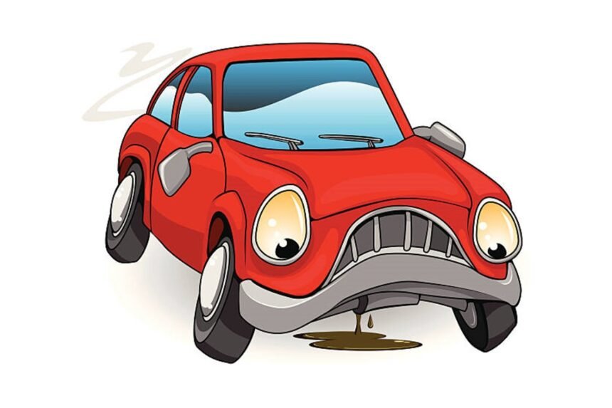 Cartoon illustration of a red car with a sad face, smoke, and a fluid leak underneath, symbolizing a defective vehicle