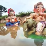 Ganesha idols on a riverbank, affected by the Bombay High Court's ban on PoP idol immersion in natural water bodies