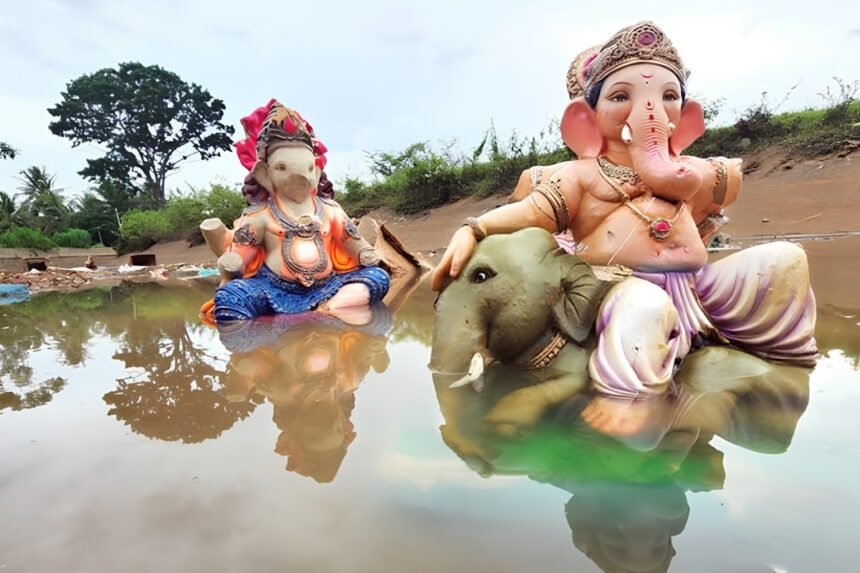 Ganesha idols on a riverbank, affected by the Bombay High Court's ban on PoP idol immersion in natural water bodies