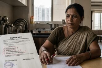 A domestic worker in a home kitchen, illustrating the legal gaps in India's new labour codes for household help
