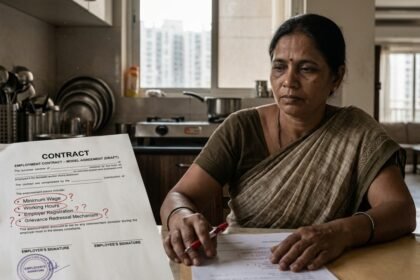 A domestic worker in a home kitchen, illustrating the legal gaps in India's new labour codes for household help