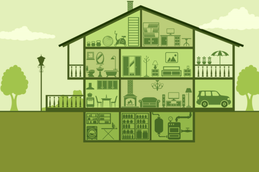 Illustrated cross-section of a house showing furniture, staircase, and appliances in each room