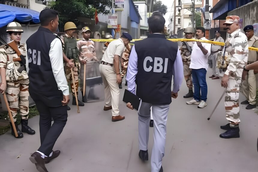 CBI officials flanked by police personnel during a raid at a barricaded street in the NEET-UG paper leak probe