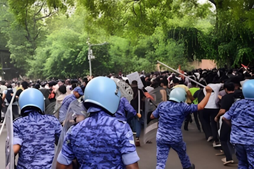 Riot police in helmets and blue camouflage uniforms facing a crowd of protesters during the July 20 Jantar Mantar demonstration