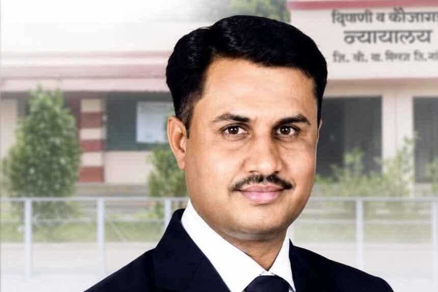 Portrait of Adv. Vikas Phadtare in a black suit with a court building in the background