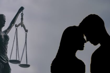 Lady Justice statue beside a silhouette of a couple standing close together, symbolizing a live-in relationship case