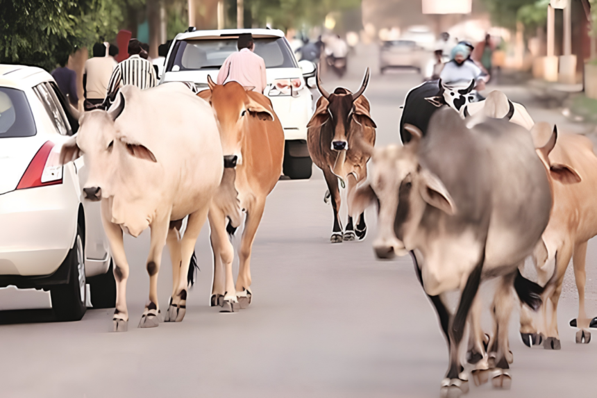 Stray cattle walking on a busy road among cars and traffic