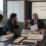 Business professionals in a boardroom meeting with a screen reading "Good Compliance = Good Governance = Good Business"