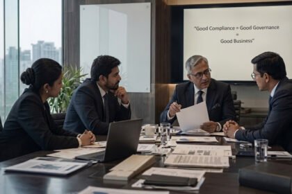 Business professionals in a boardroom meeting with a screen reading "Good Compliance = Good Governance = Good Business"