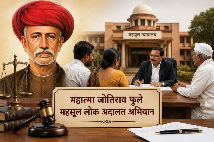 महात्मा जोतिराव फुले यांचे चित्र, महसूल न्यायालयाचे दृश्य आणि न्यायाची तराजू असलेले "महात्मा जोतिराव फुले महसूल लोक अदालत अभियान" शीर्षक असलेले डिझाइन केलेले पोस्टर