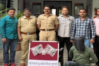 कोथरुड पोलीस अधिकाऱ्यांचा गट एका ताब्यात घेतलेल्या व्यक्तीसह उभा असलेला छायाचित्र