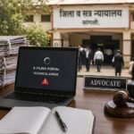 ई-फायलिंग पोर्टल तांत्रिक बिघाड" असा इशारा दाखवणारा लॅपटॉप, वकिलाची पाटी, हातोडा आणि पार्श्वभूमीत सांगली जिल्हा व सत्र न्यायालयाची इमारत