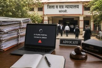 ई-फायलिंग पोर्टल तांत्रिक बिघाड" असा इशारा दाखवणारा लॅपटॉप, वकिलाची पाटी, हातोडा आणि पार्श्वभूमीत सांगली जिल्हा व सत्र न्यायालयाची इमारत
