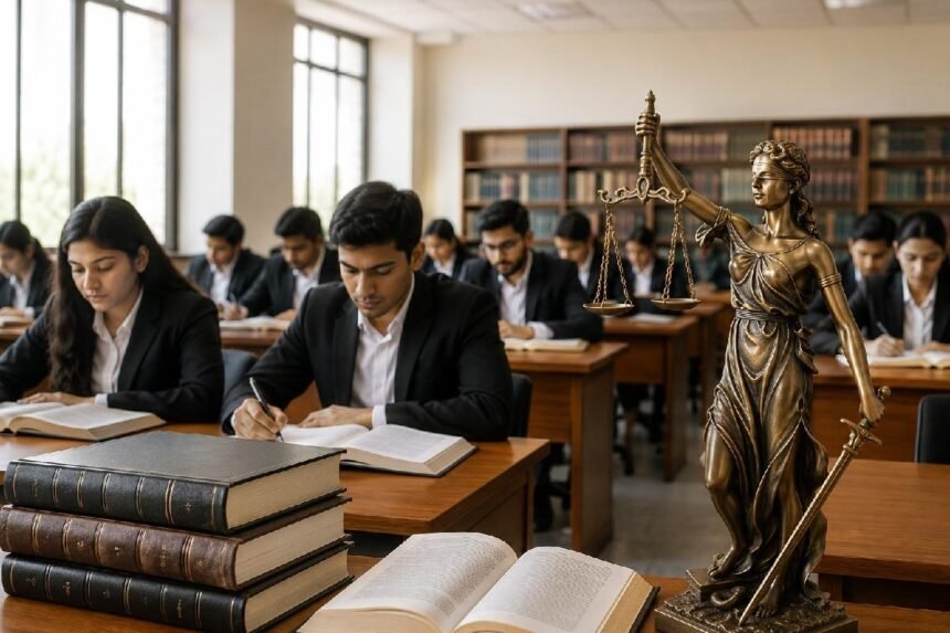 विधी महाविद्यालयाच्या वर्गात अभ्यास करणारे विद्यार्थी, अग्रभागी न्यायदेवतेचा पुतळा