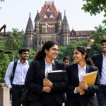 न्यायाची तराजू धरलेली लेडी जस्टिसची मूर्ती, पार्श्वभूमीत मुंबई उच्च न्यायालयाची इमारत आणि मूठ उंचावून आनंद व्यक्त करणारे विद्यार्थी