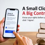 A hand holding a smartphone displaying a Terms & Conditions screen, with the caption "A Small Click. A Big Contract