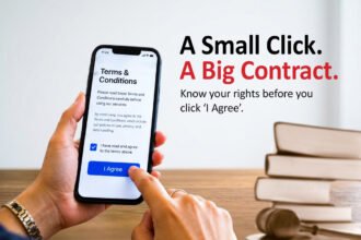 A hand holding a smartphone displaying a Terms & Conditions screen, with the caption "A Small Click. A Big Contract