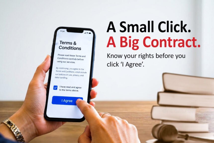 A hand holding a smartphone displaying a Terms & Conditions screen, with the caption "A Small Click. A Big Contract