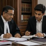 A senior legal professional in conversation with a younger person at a desk, law books visible in the background — matches the mentorship/clerkship theme well.