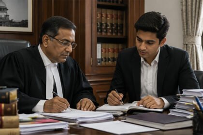 A senior legal professional in conversation with a younger person at a desk, law books visible in the background — matches the mentorship/clerkship theme well.