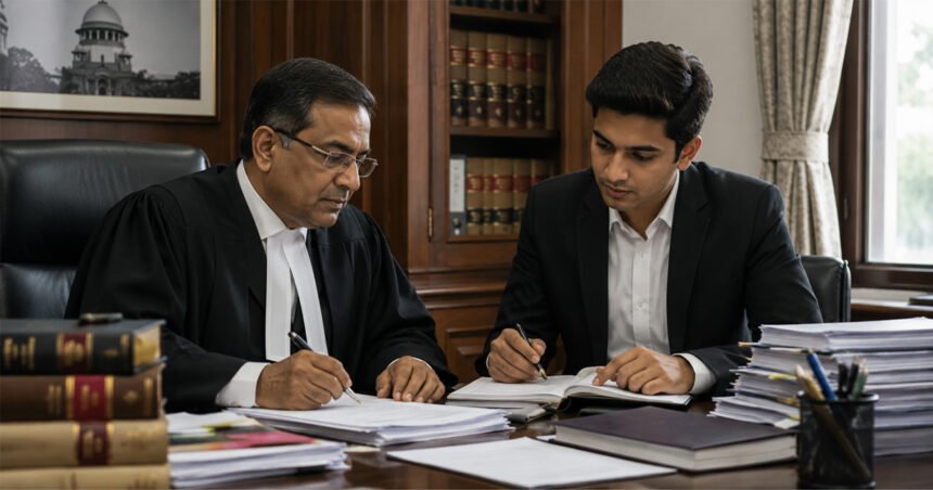 A senior legal professional in conversation with a younger person at a desk, law books visible in the background — matches the mentorship/clerkship theme well.