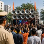 मोठ्या ध्वनिक्षेपक यंत्रणेच्या ट्रकसमोर उभा पोलीस अधिकारी, भगवे ध्वज असलेली मिरवणूक