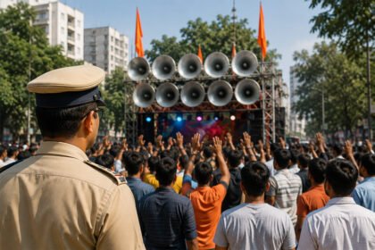 मोठ्या ध्वनिक्षेपक यंत्रणेच्या ट्रकसमोर उभा पोलीस अधिकारी, भगवे ध्वज असलेली मिरवणूक