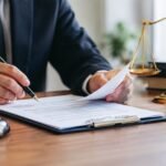 A person in a suit signing a contract document at a desk with a gavel and scales of justice — generic but appropriate stock imagery for a contract-drafting analysis piece.