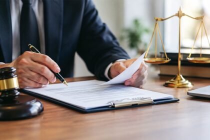 A person in a suit signing a contract document at a desk with a gavel and scales of justice — generic but appropriate stock imagery for a contract-drafting analysis piece.