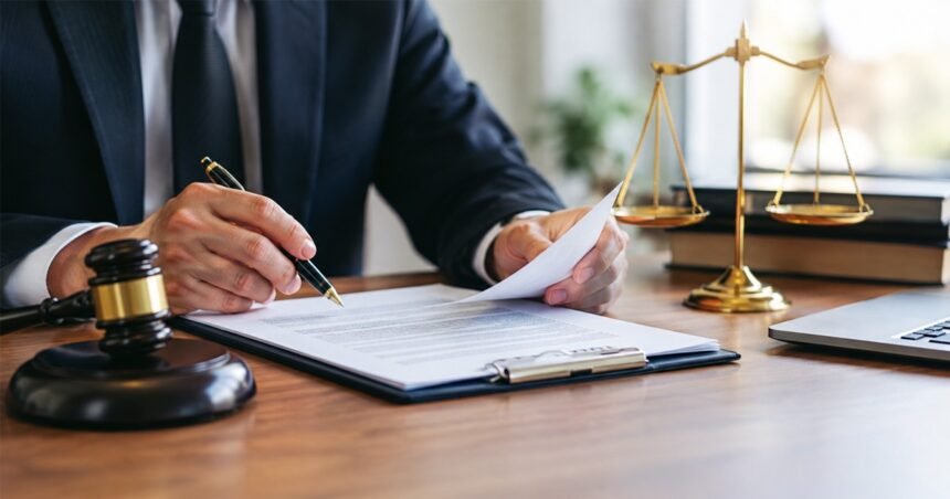 A person in a suit signing a contract document at a desk with a gavel and scales of justice — generic but appropriate stock imagery for a contract-drafting analysis piece.