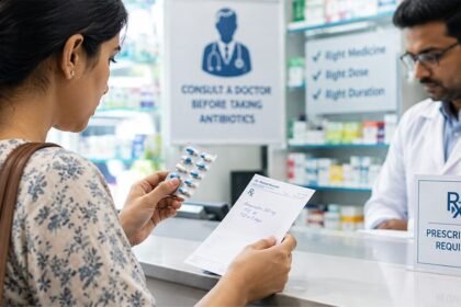 A "Consult a Doctor" graphic with "Right Medicine, Right Dose, Right Duration" text beside a person at a pharmacy counter — matches the article's focus on self-medication and prescription practices well.