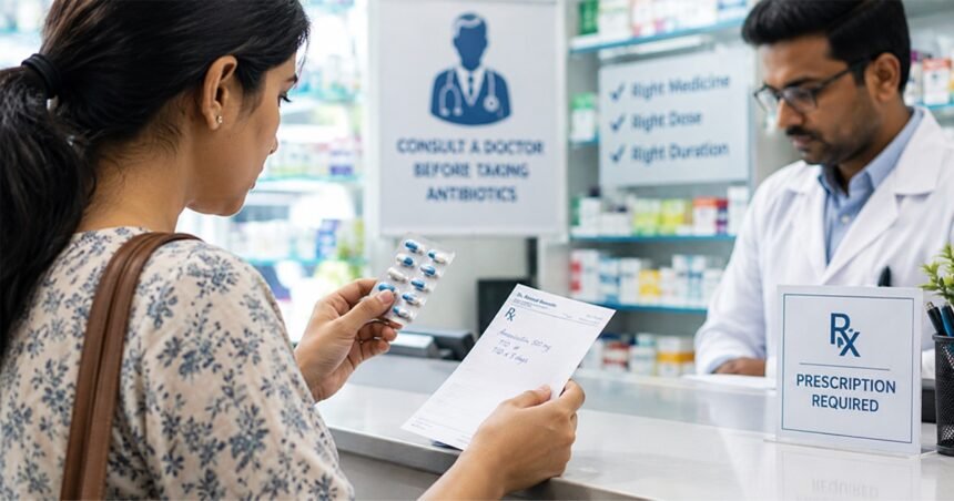 A "Consult a Doctor" graphic with "Right Medicine, Right Dose, Right Duration" text beside a person at a pharmacy counter — matches the article's focus on self-medication and prescription practices well.
