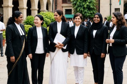 एएडब्ल्यूआय संघटनेतील महिला वकिलांचा गट काळ्या कायदेशीर पोशाखात न्यायालयाच्या आवारात एकत्र