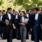 A group of law students in formal black legal attire walking together outdoors, smiling — generic but on-topic campus imagery matching the target audience.