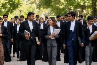 A group of law students in formal black legal attire walking together outdoors, smiling — generic but on-topic campus imagery matching the target audience.